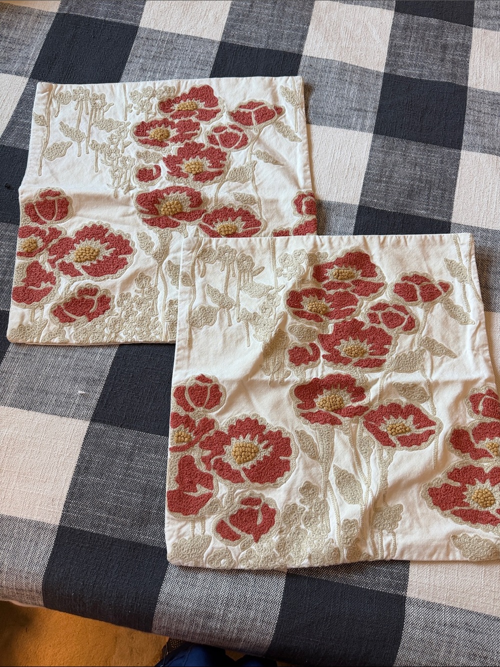 Pottery Barn Red and Cream Embroidered Floral Pillow Covers